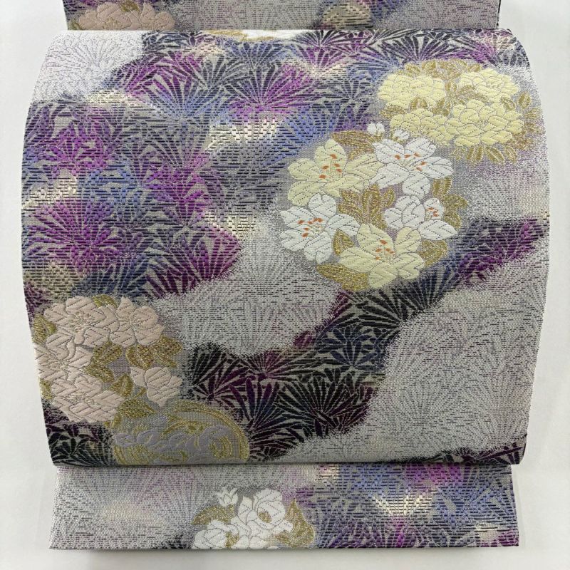 平和屋着物◎六通柄袋帯 唐織 花菱文 黒地 金銀糸 正絹 逸品