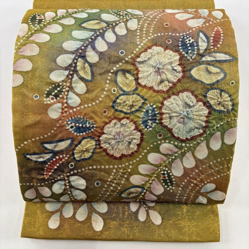 大人 可愛い 服  落款あり 名品 美品 袋帯 辻が花 正絹 お太鼓柄 黄土色 箔 金糸 着物・浴衣