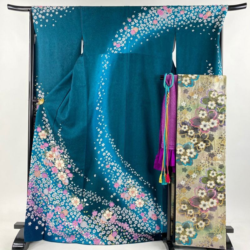 美品 蝶々と花模様 桜 菊 青緑色 金通し 金彩 袷 正絹 振袖