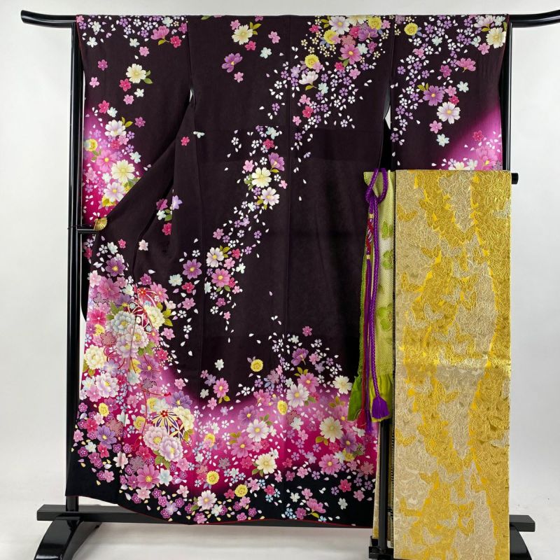 梅 振袖 身丈160cm 裄丈64cm M 袷 菊 草花 金糸 紫 正絹 秀品