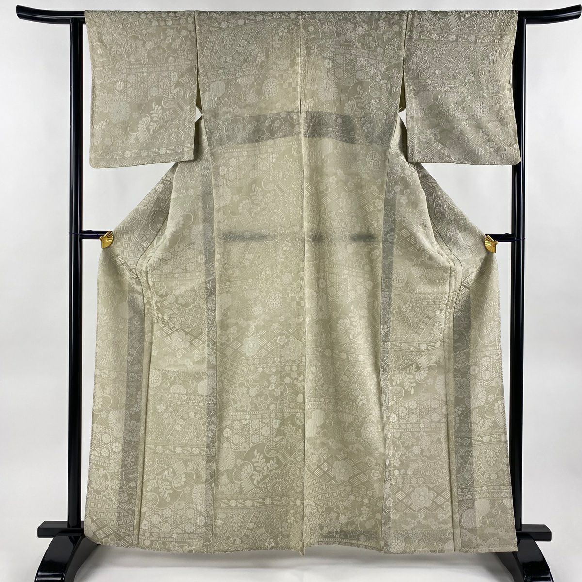 小紋 身丈165.5cm 裄丈69cm L 単衣 落款あり 葡萄唐草 黒 正絹 小紋 身丈165.5cm 裄丈69cm L 単衣 落款あり 葡萄唐草 黒 正絹