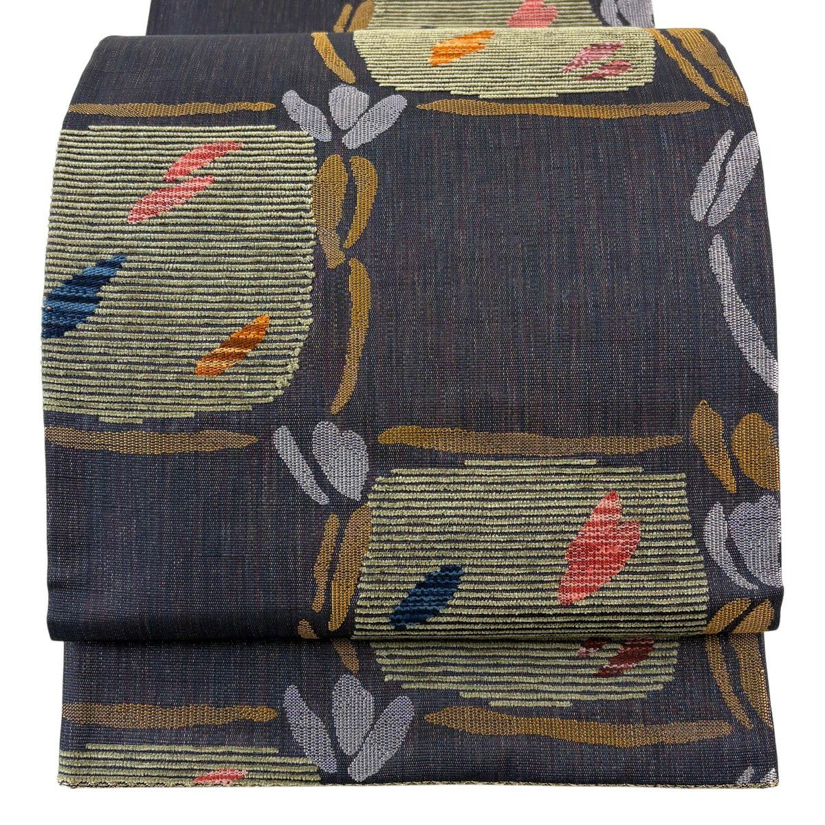 名古屋帯 黒に近い濃紺と茶とベージュ 幾何学模様正絹 名古屋帯 黒に近い濃紺と茶とベージュ 幾何学模様正絹