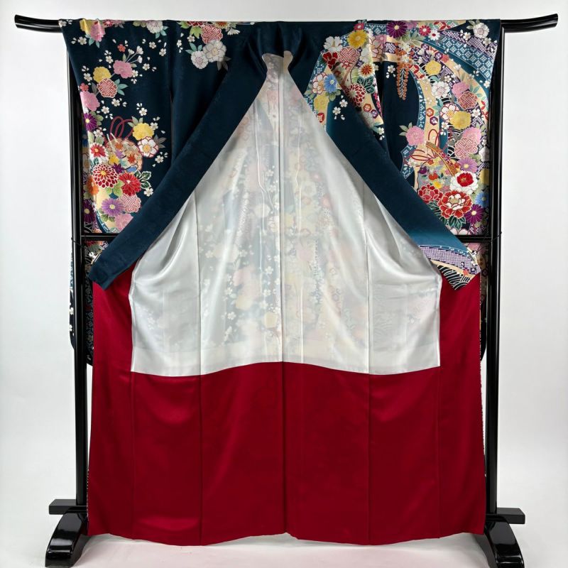 美品】 振袖 身丈168cm 裄丈68cm L 袷 袋帯フルセット 雪輪 草花 金彩