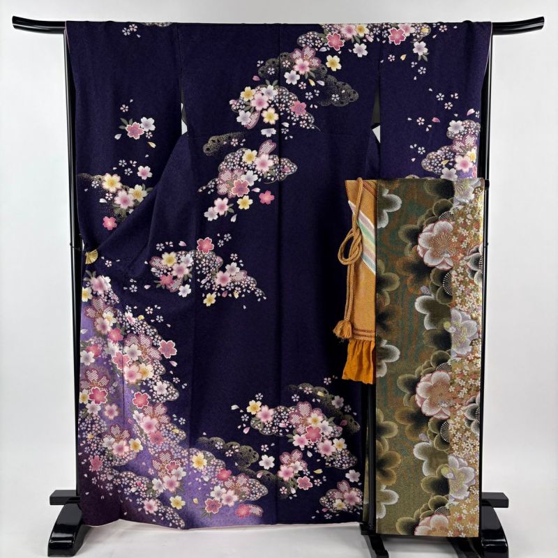 美品】 振袖 身丈168cm 裄丈67cm M 袷 袋帯フルセット 桜 雲文 箔 銀