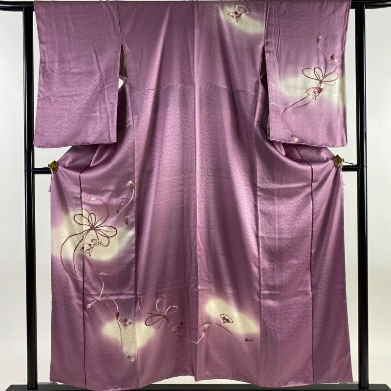 付下げ 身丈155cm 裄丈62.5cm S 袷 束ね組紐 扇 刺繍 金糸 紫 正絹 
