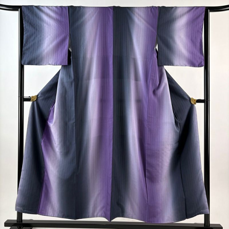 美品】 紬 身丈154.5cm 裄丈64cm M 袷 小千谷紬 証紙あり 縦縞 縦