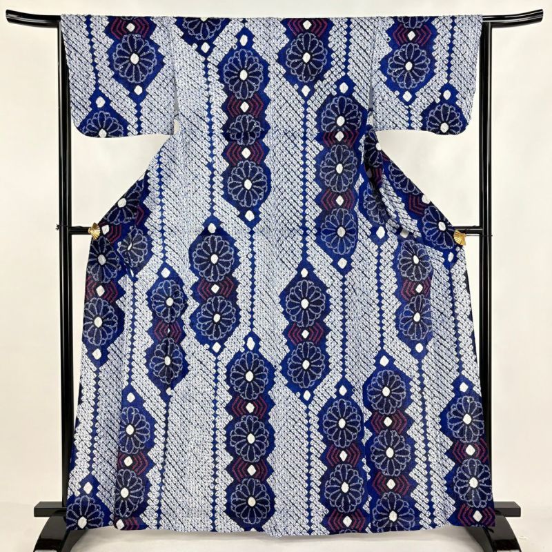 浴衣 身丈165.5cm 裄丈64cm M 絞り浴衣 菊 紺色 綿 美品 名品