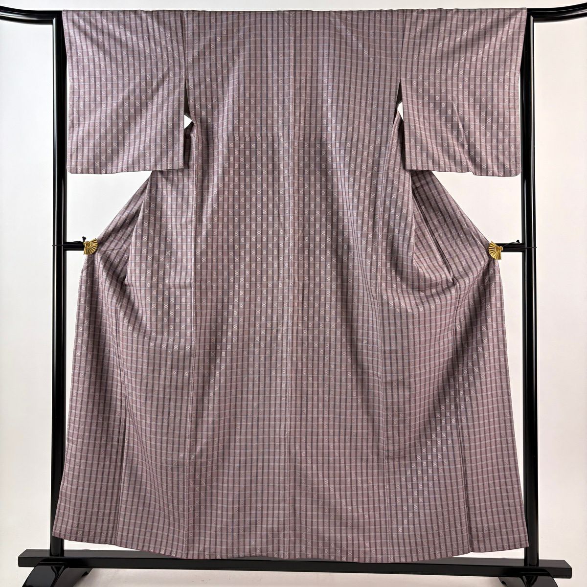 紬 身丈157.5cm 裄丈64.5cm M 袷 格子 幾何学模様 灰紫 正絹 逸品
