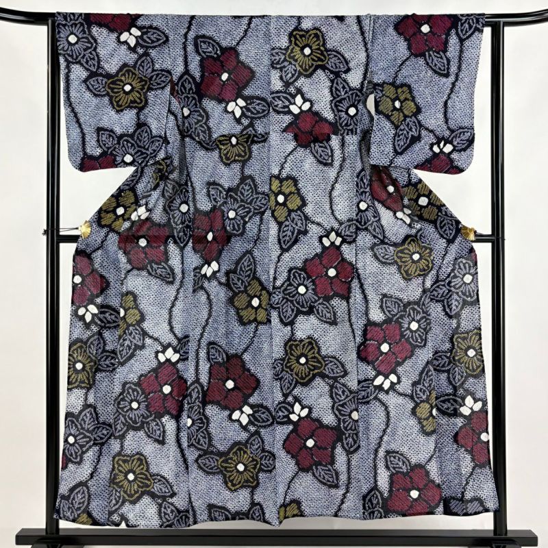 浴衣 身丈153cm 裄丈62cm S 絞り浴衣 草花 紺色 綿 名品｜中古