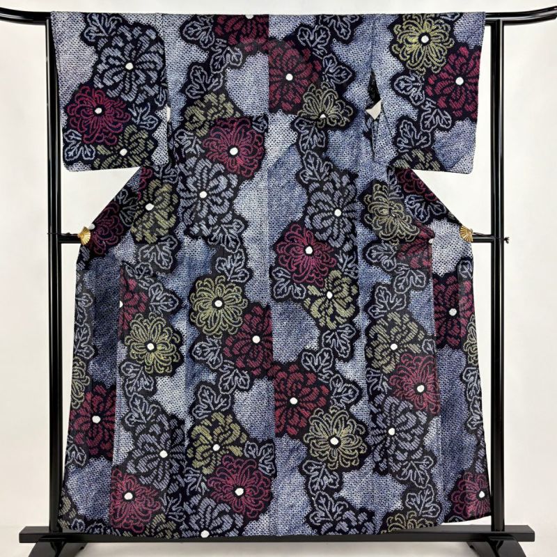 浴衣 身丈158cm 裄丈64cm M 絞り浴衣 菊 紺色 綿 美品 名品