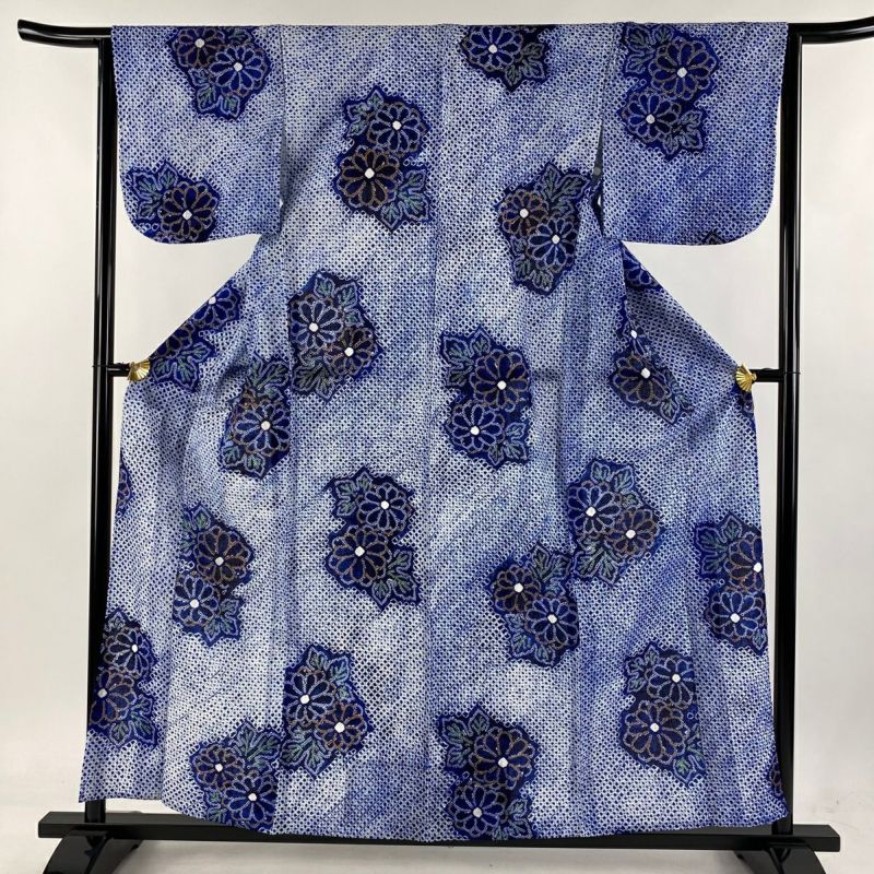 浴衣 身丈158.5cm 裄丈64.5cm M 絞り浴衣 菊 青 綿 美品 名品