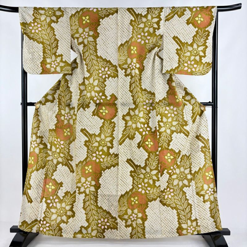 浴衣 身丈161cm 裄丈67.5cm L 絞り浴衣 草花 団扇 鶯色 綿 美品