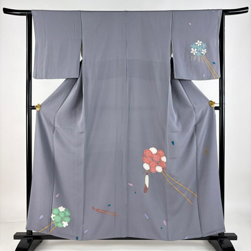 付下げ 身丈158cm 裄丈62.5cm S 袷 かんざし 桜 金彩 灰色 正絹