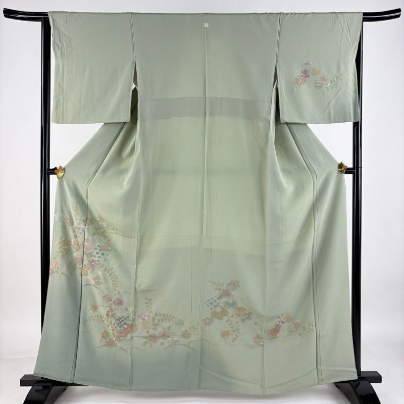 付下げ 身丈160.5cm 裄丈64.5cm M 袷 草花 芝 刺繍 ぼかし