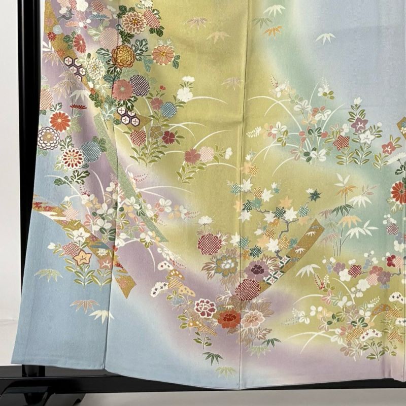 訪問着 身丈159cm 裄丈65.5cm M 袷 菊 短冊 金糸 金彩 青灰色