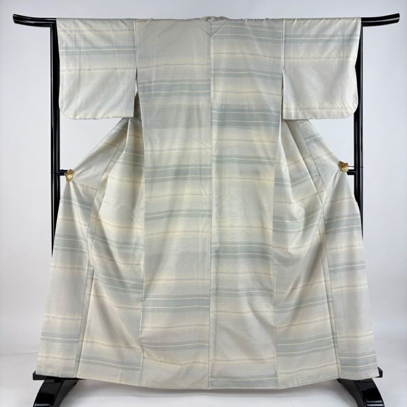 紬 身丈163.5cm 裄丈65.5cm M 袷 横縞 ベージュ 正絹 名品｜中古
