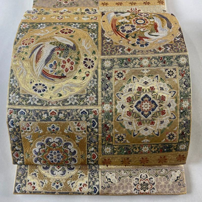 本当に信頼出来る店 箔 金糸 鳥 華文 逸品 美品 袋帯 ベージュ 正絹｜中古 六通 レッグウェア