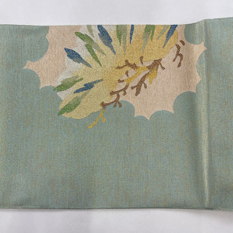 袋帯 美品 秀品 落款あり 白龍庵 松 雲文 箔 金糸 薄緑 お太鼓柄