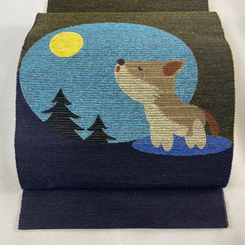 アメリカ通販ファッション 開き名古屋帯 美品 逸品 八寸名古屋帯 犬 月 濃紫 正絹｜中古 着物・浴衣