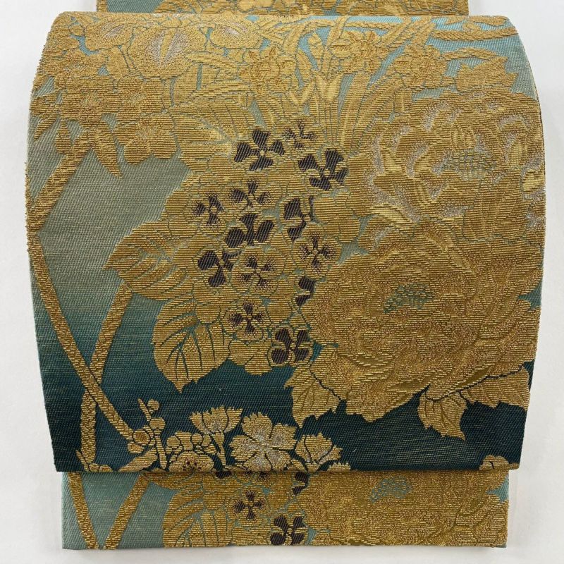 2025年 お歳暮・冬ギフト特集 菖蒲 牡丹 名品 美品 袋帯 金銀糸 正絹｜中古・古着 六通 灰緑 着物・浴衣