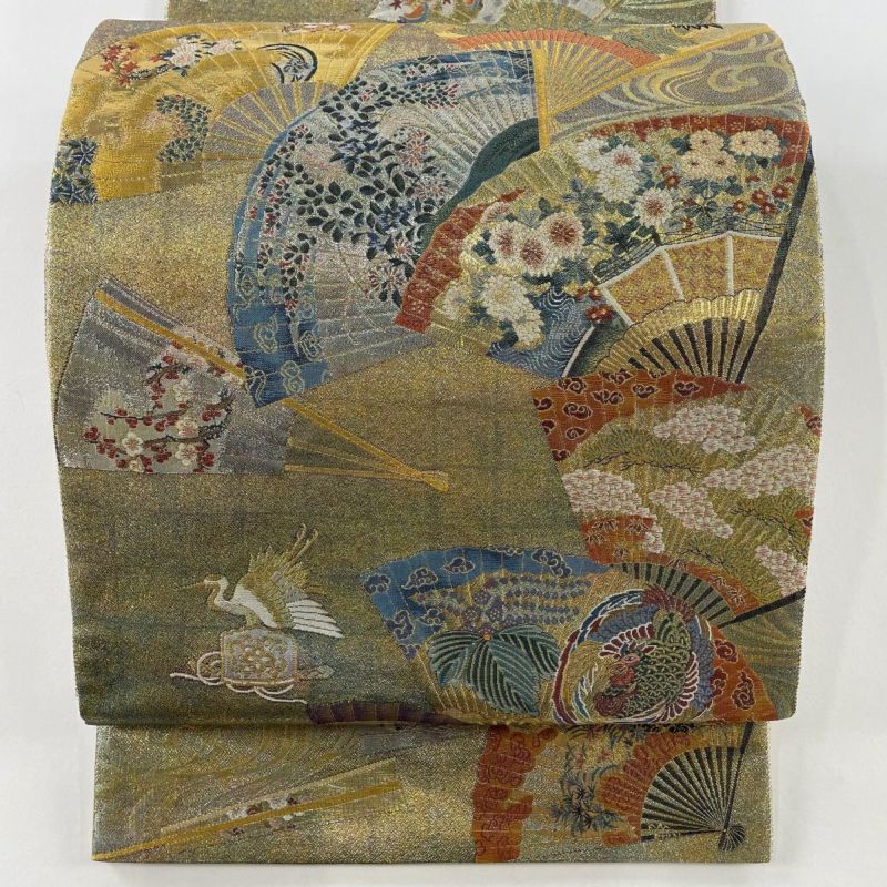 袋帯 美品 名品 能楽百扇 金糸 箔 金色 お太鼓柄 正絹｜中古