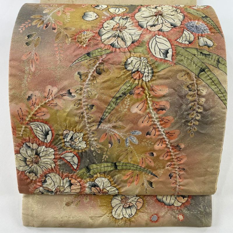 大特価放出！ 袋帯 正絹｜中古 お太鼓柄 ベージュ 箔 辻が花 落款あり 名品 着物・浴衣