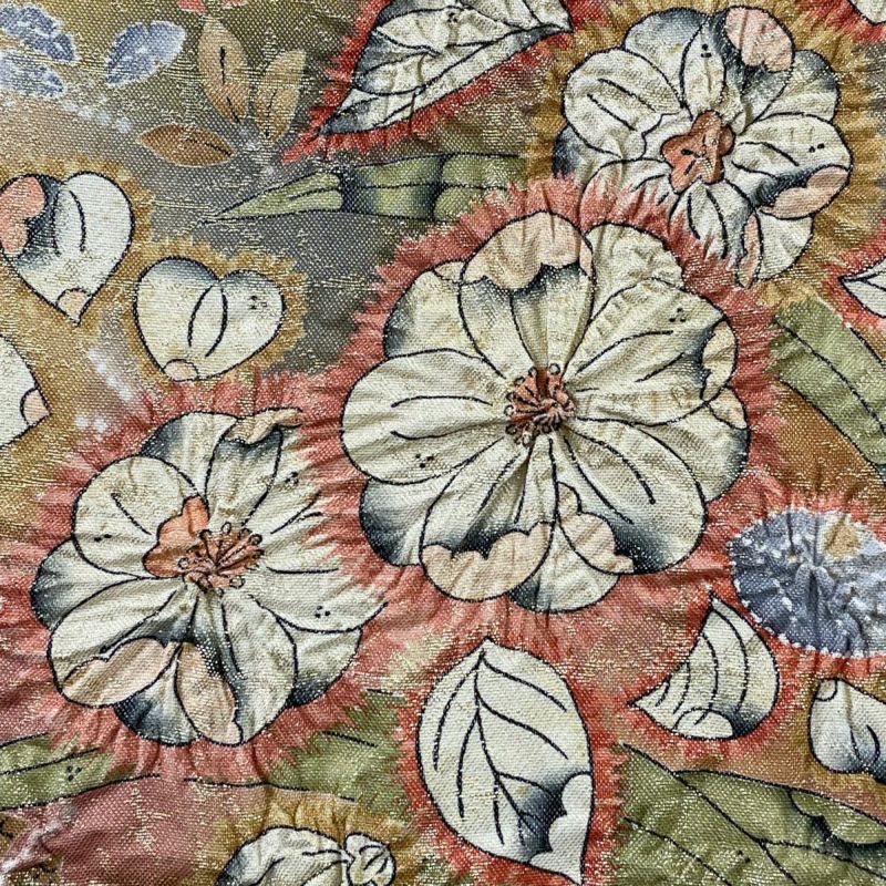 袋帯 名品 落款あり 辻が花 箔 ベージュ お太鼓柄 正絹｜中古