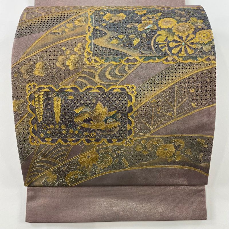 絹 袋帯 綴れ 銀通し 花唐草 霞 金銀 フォーマル お太鼓柄