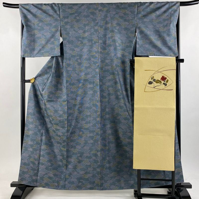 紬 身丈161.5cm 裄丈67.5cm L 袷 名古屋帯セット 扇面 幾何学 灰
