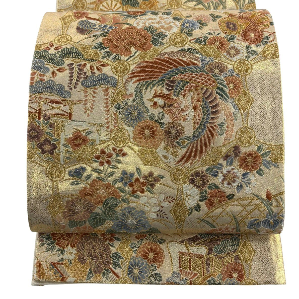 美品】 袋帯 名品 鏡裏文 鼓 金糸 箔 金色 六通 正絹｜中古・古着