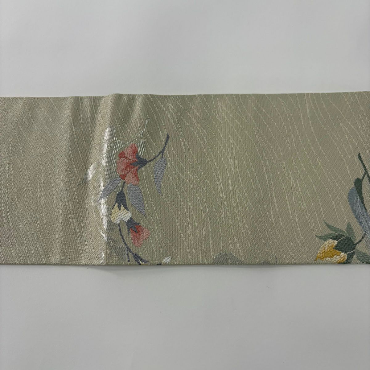 美品】 名古屋帯 秀品 草花 刺繍 箔 灰緑 正絹｜中古・古着