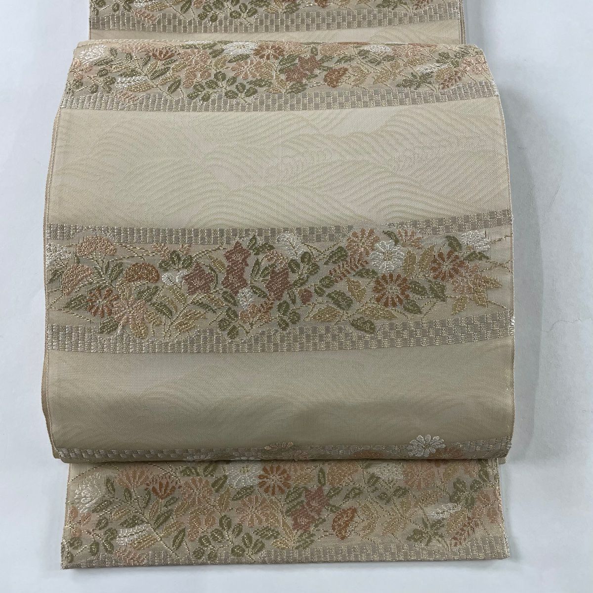 袋帯 秀品 夏帯 絽 草花 竹 金銀糸 箔 ベージュ 六通 正絹｜中古