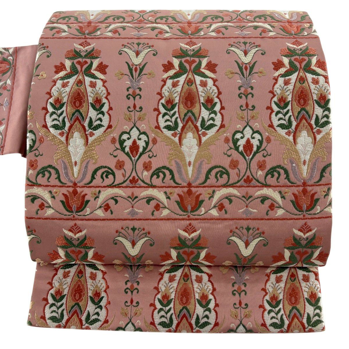 美品】 名古屋帯 秀品 草花 幾何学 ピンクベージュ 正絹｜中古・古着