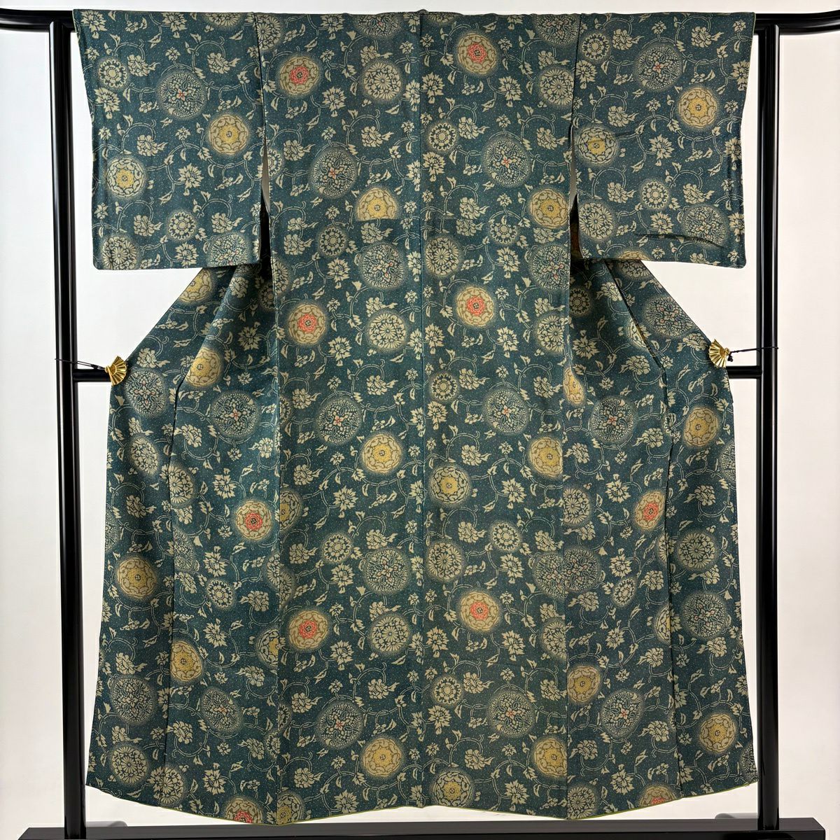 小紋 身丈151.5cm 裄丈62.5cm S 袷 花唐草 鮫 ぼかし 深緑 正絹 秀品