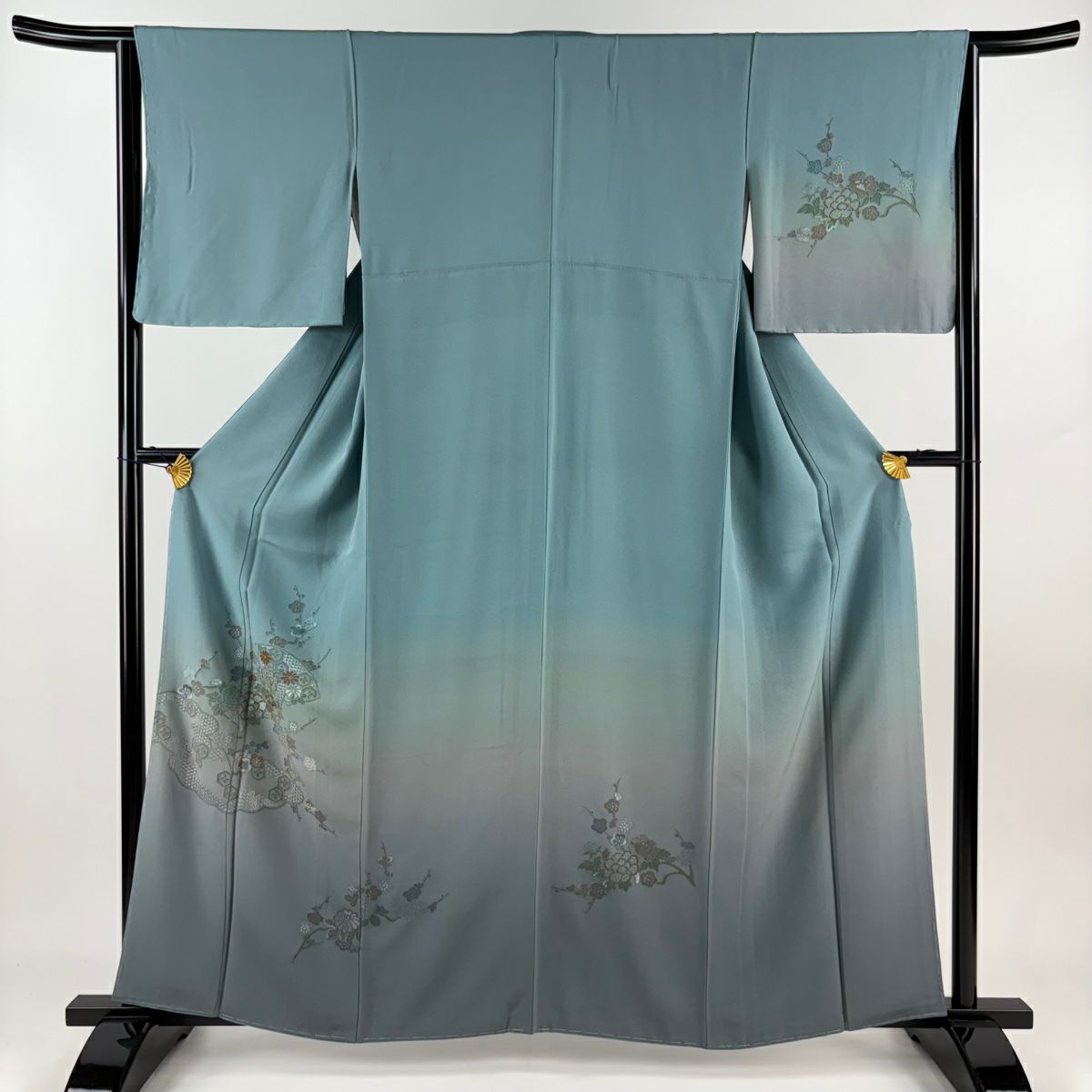 付下げ 身丈160cm 裄丈64cm M 袷 草花 扇面 刺繍 ぼかし 青緑