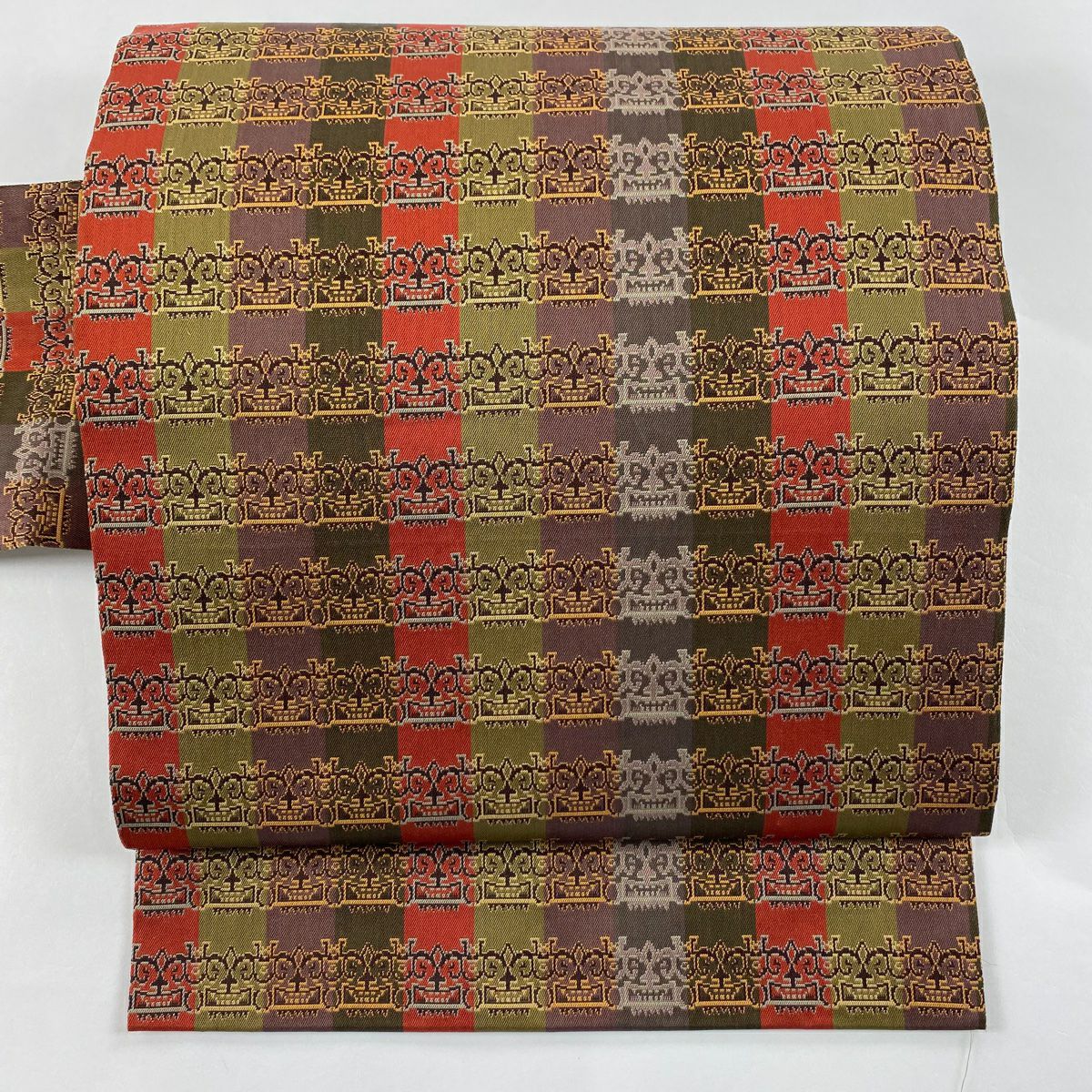 美品】 開き名古屋帯 名品 龍村美術織物 比翼仕立て 獅子狩文錦 赤茶