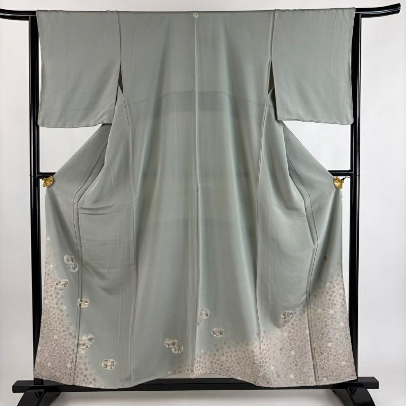 色留袖 身丈156.5cm 裄丈65.5cm M 袷 松尾光琳 落款あり 人物 団扇