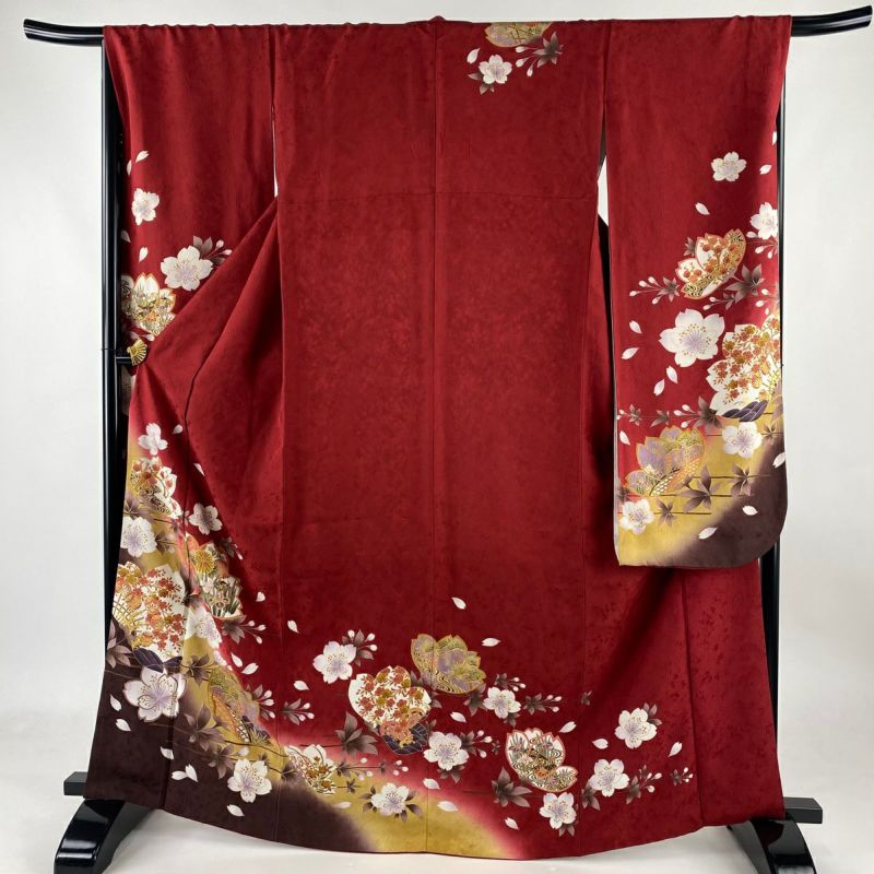 振袖 身丈166.5cm 裄丈67.5cm L 袷 桜 槌車 金彩 染め分け 赤