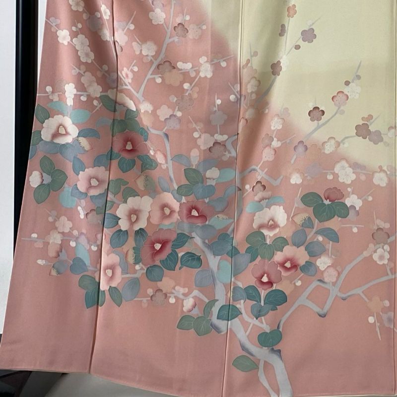 100％品質 落款あり 袷 M 裄丈67cm 身丈164.5cm 訪問着 椿 染め分け 枝梅 着物・浴衣