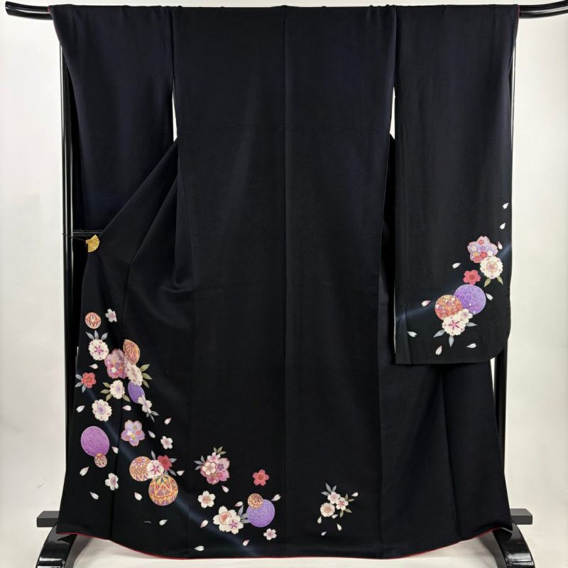 振袖 身丈168cm 裄丈69cm L 袷 鞠 桜 金彩 ぼかし 黒 正絹 秀品｜中古