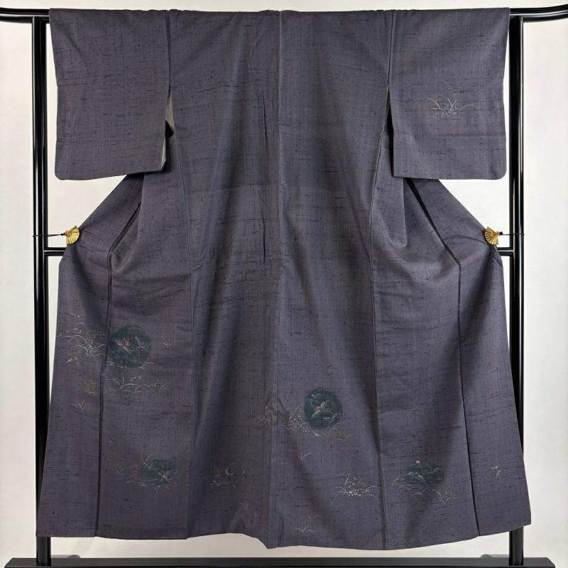 付下げ 身丈151.5cm 裄丈62.5cm S 袷 紬地 落款あり 草花 金銀彩 濃紫
