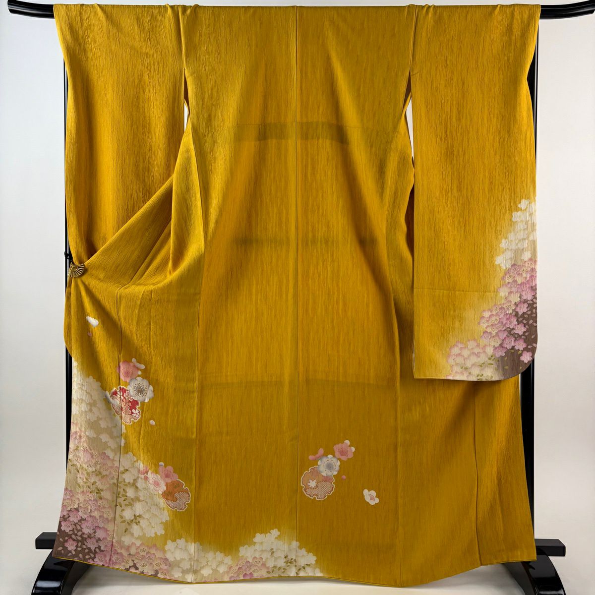 振袖 身丈160cm 裄丈67cm M 袷 雪輪 草花 金糸 金彩 墨色 正絹 秀品