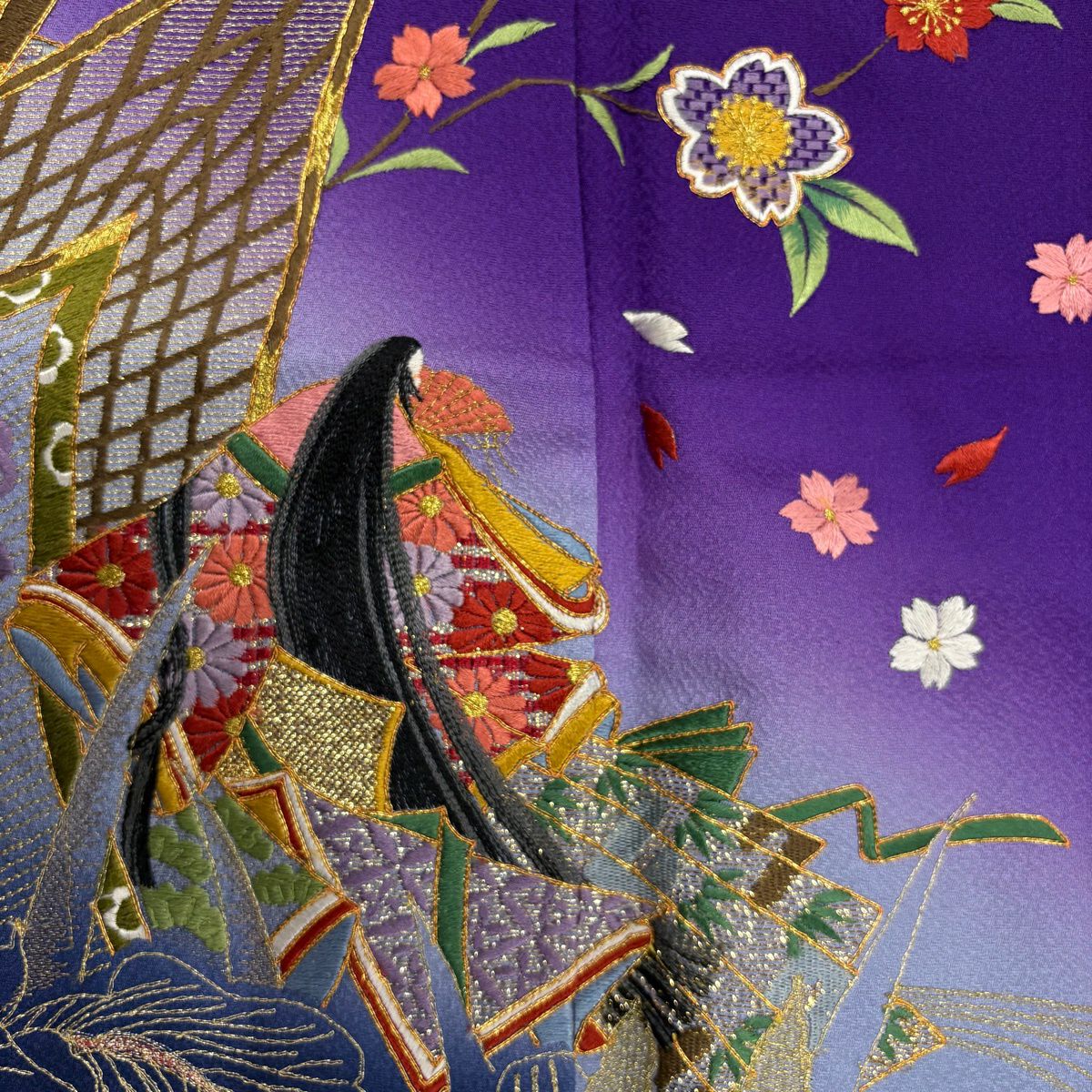 振袖 身丈162cm 裄丈66cm M 袷 姫 桜 刺繍 金糸 紫 正絹 秀品｜中古