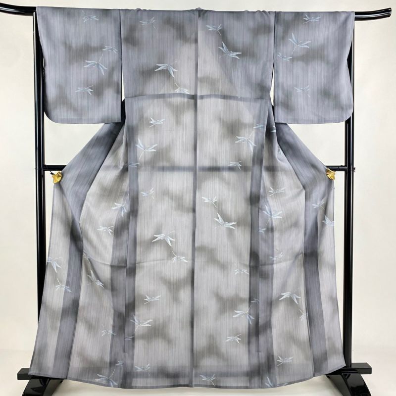 小紋 身丈162cm 裄丈67.5cm L 単衣 トンボ 縦縞 薄紫 正絹 秀品