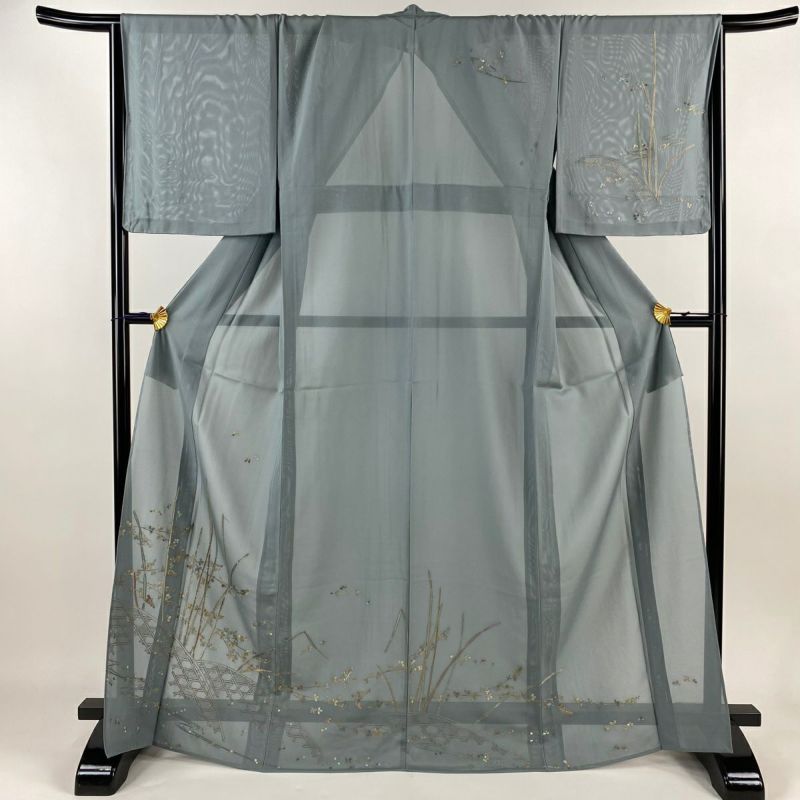 訪問着 身丈169cm 裄丈68cm L 薄物 絽 萩 木賊 刺繍 金糸 青灰色