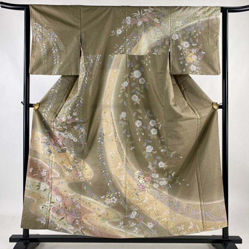3941］訪問着 扇文箱花文 ぼかし 金彩 正絹 着物 袷