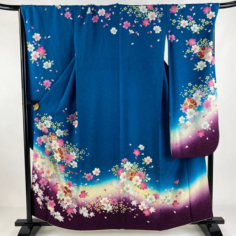 振袖 身丈159.5cm 裄丈69cm L 袷 桜 手鞠 箔 金彩 青緑 正絹