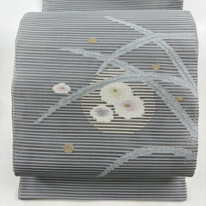 名古屋帯 美品 秀品 八寸名古屋帯 夏帯 絽 花 芝 箔 灰色 正絹