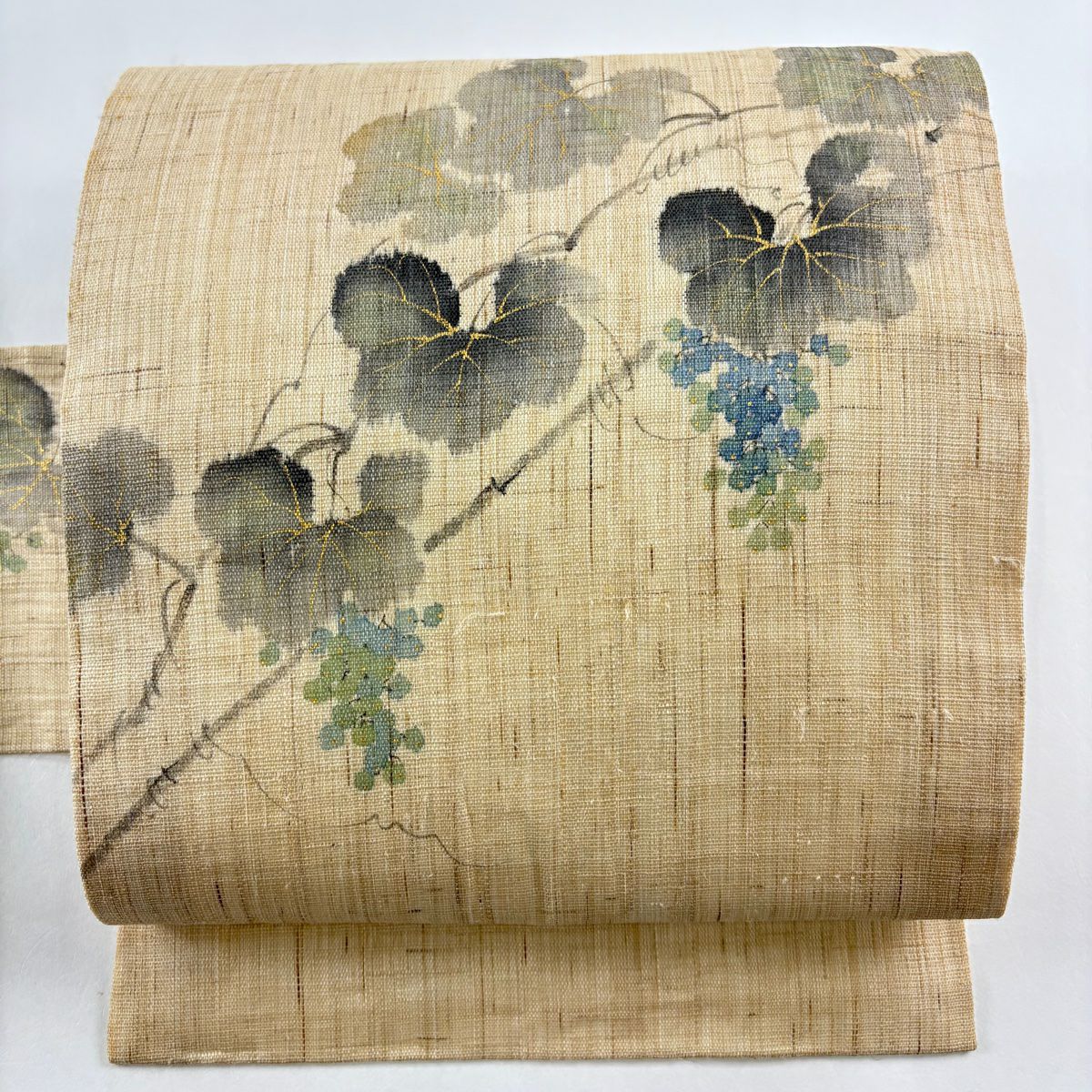 袋帯 秀品 夏紬地 夏帯 萩 草花 ピンクベージュ お太鼓柄 麻