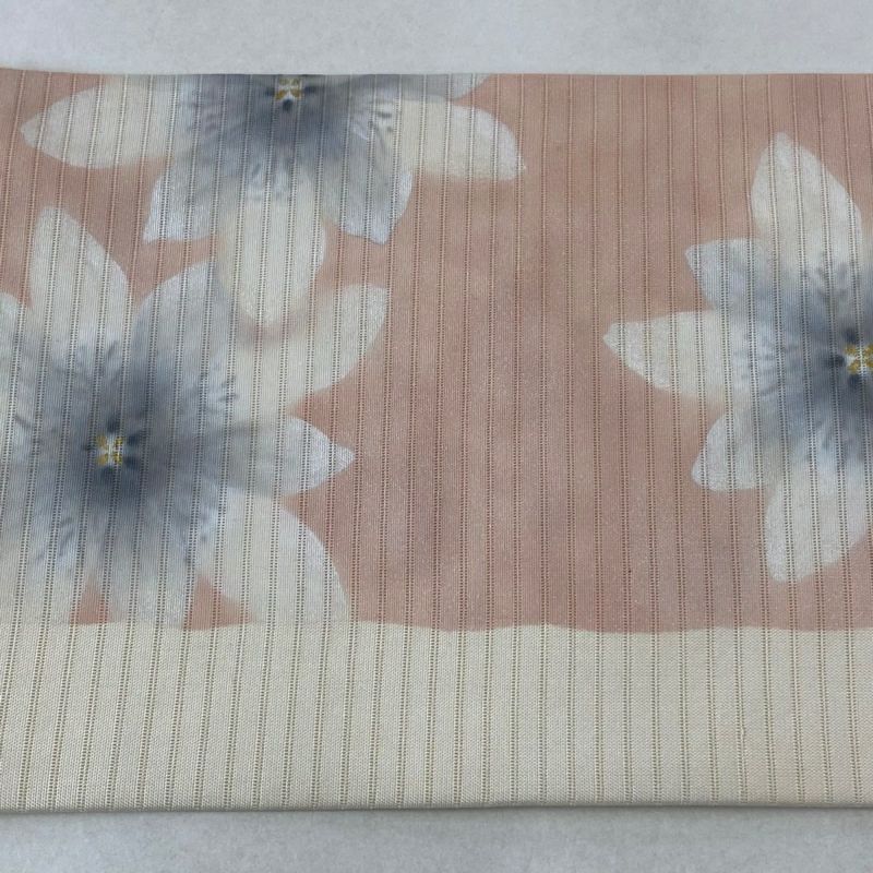 名古屋帯 美品 秀品 落款あり 夏帯 絽 花 金彩 ぼかし ベージュ